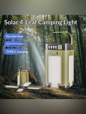 Solar LED Camping Lantern, 4 Leaf Hook Portable Rechargeable Tent Light Outdoor